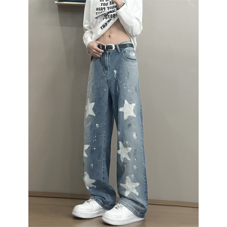 B221美式ins高街暗黑五角星宽松直筒牛仔裤LK25583-特P45控78，男装牛仔裤，电商B221