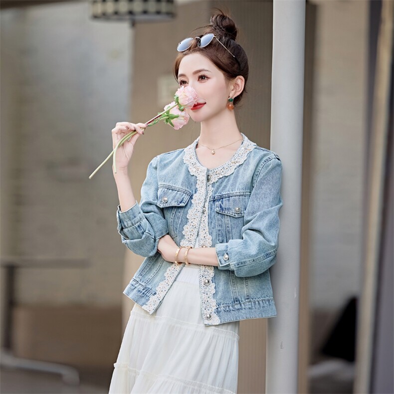 小香风气质复古蕾丝拼接牛仔短外套女2025春季新款高端洋气牛仔衣,女装短外套,意芙