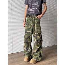 美式破洞迷彩工装裤男直筒微喇裤cleanfit痞帅炸街裤子76277-p62，男装牛仔裤，星座1008