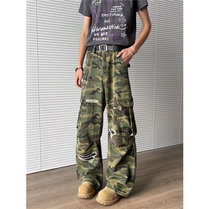 美式破洞迷彩工装裤男直筒微喇裤cleanfit痞帅炸街裤子76277-p62