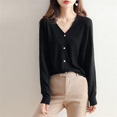 精纺细羊毛针织开衫女外套夏季薄款V领系扣长袖毛衣短外搭宽松潮，女装羊毛衫，绒汀羊绒