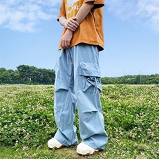 复古天蓝色美式工装裤男女夏季小众显瘦休闲高腰直筒阔腿裤子，男装休闲裤，四季星座218-1