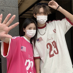 情侣短袖 三条杠织带情侣短袖T恤男女宽松重磅体恤上衣G1081 P35图片