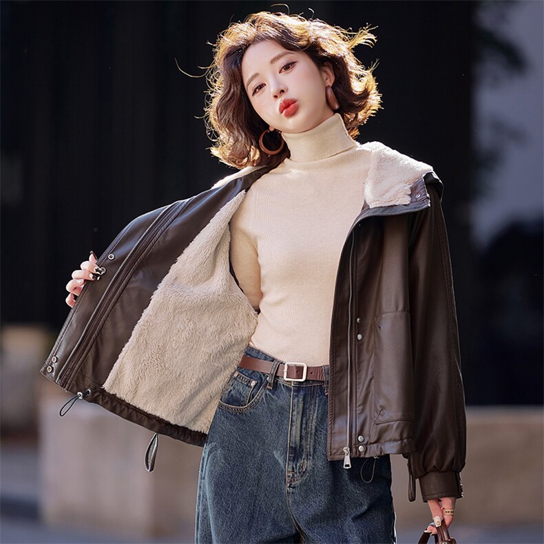 皮衣外套女冬季加绒加厚2025新款小个子高级感女士pu皮棉服夹克,女装皮衣,简古