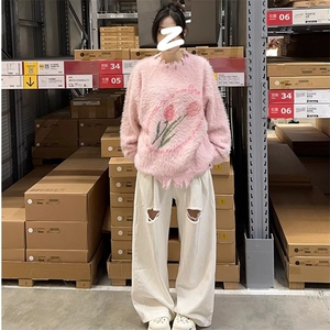奶呼呼软糯水貂绒毛衣女秋冬加厚外穿宽松慵懒风圆领套头针织上衣图片