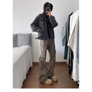 棕色工装牛仔裤男春秋季美式复古潮牌宽松直筒裤青少年美拉德裤子图片