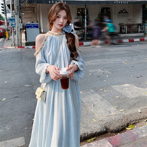 套头系带X型裙秋季夏季连衣裙春秋仙气长袖复古女装大码气质公主，女装连衣裙，浙宝305
