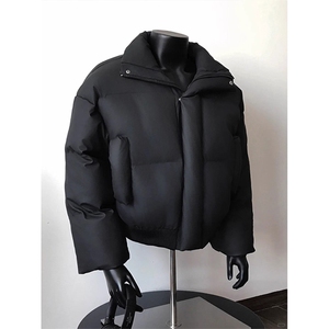 现货5W件冬季三防重磅硬挺boxy短款羽绒立领PU皮棉衣外套加厚棉服图片