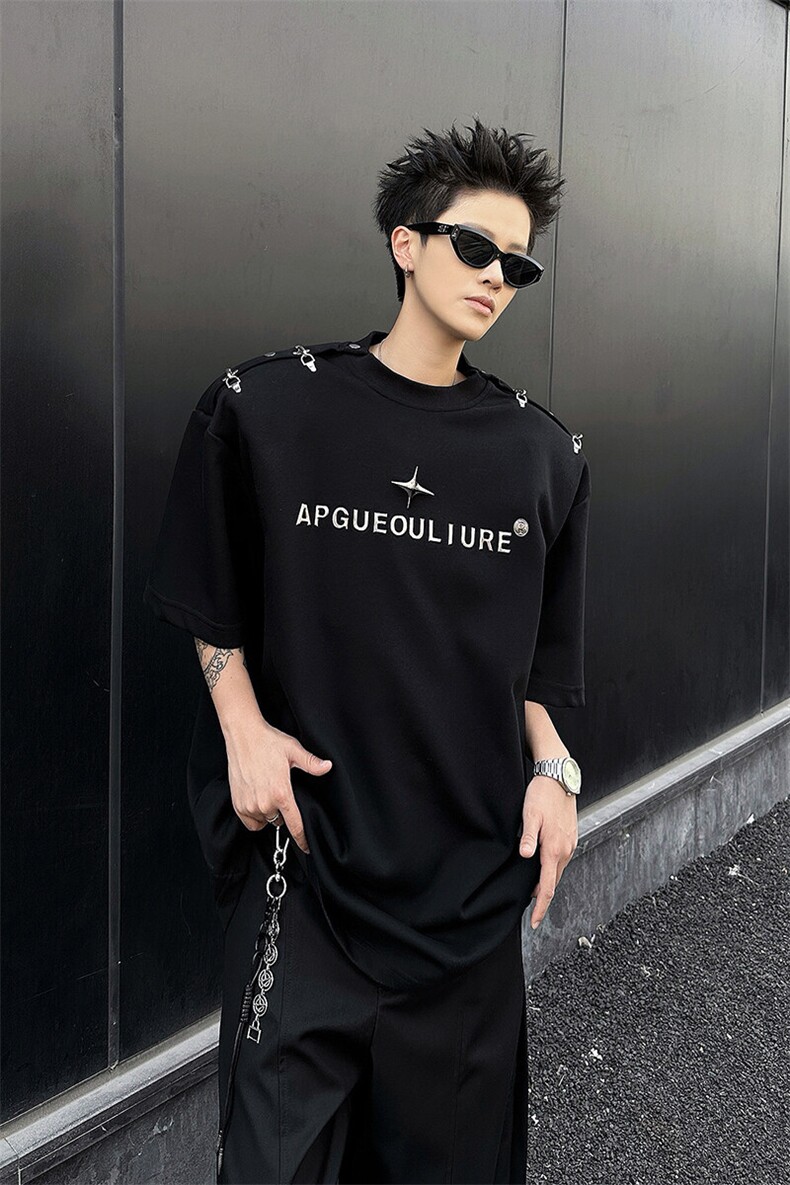 8XL-M夏季小众解构飞机扣一字肩设计稿短袖立体T恤卫衣男DX331P58,男装T恤,电商D206-1