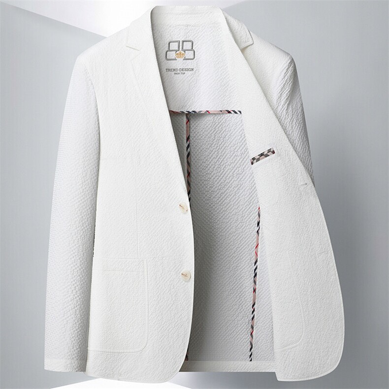 2025年新款春夏季弹力泡泡纱休闲西服男士轻薄休闲小西装单西外套，男装西服，钱塘723