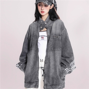 美式复古水洗做旧黑色牛仔外套女春秋新款条纹上衣图片