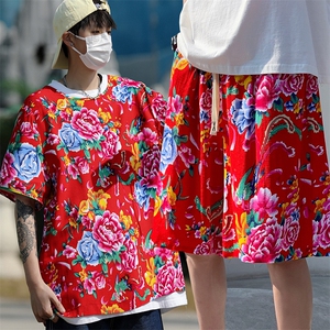 TZ2008男士夏季圆领短袖短裤人棉东北大花布透气凉爽套装大码男图片