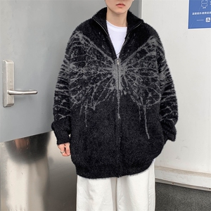 港风秋款男开衫毛衣蝴蝶扎染貂绒针织衫宽松休闲外套M2401 P68图片