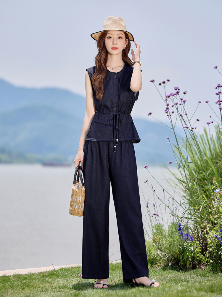 夏季薄款天丝牛仔套装女2025新款时尚巨好看无袖上衣阔腿裤两件套,女装套装/套裙,E百度