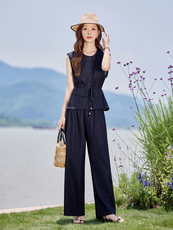 夏季薄款天丝牛仔套装女2025新款时尚巨好看无袖上衣阔腿裤两件套，女装套装/套裙，E百度
