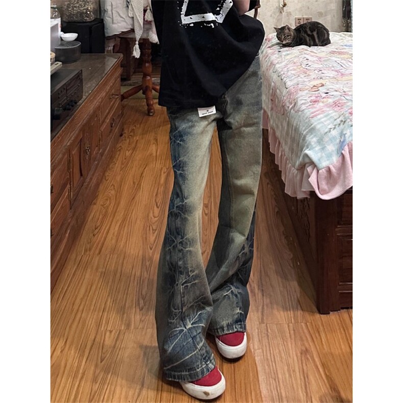 美式高街复古侧边捏褶微喇牛仔裤男女直筒阔腿cleanfit休闲长裤潮图片