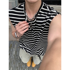 260克重磅亨利领条纹撞色夏季无袖背心美式潮流男士短袖T恤P35，男装背心/马甲，电商C306-1