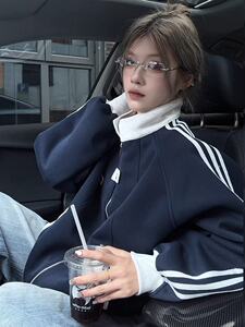藏青色三条杠立领开衫卫衣男秋季慵懒学院风外套oversize情侣夹克图片