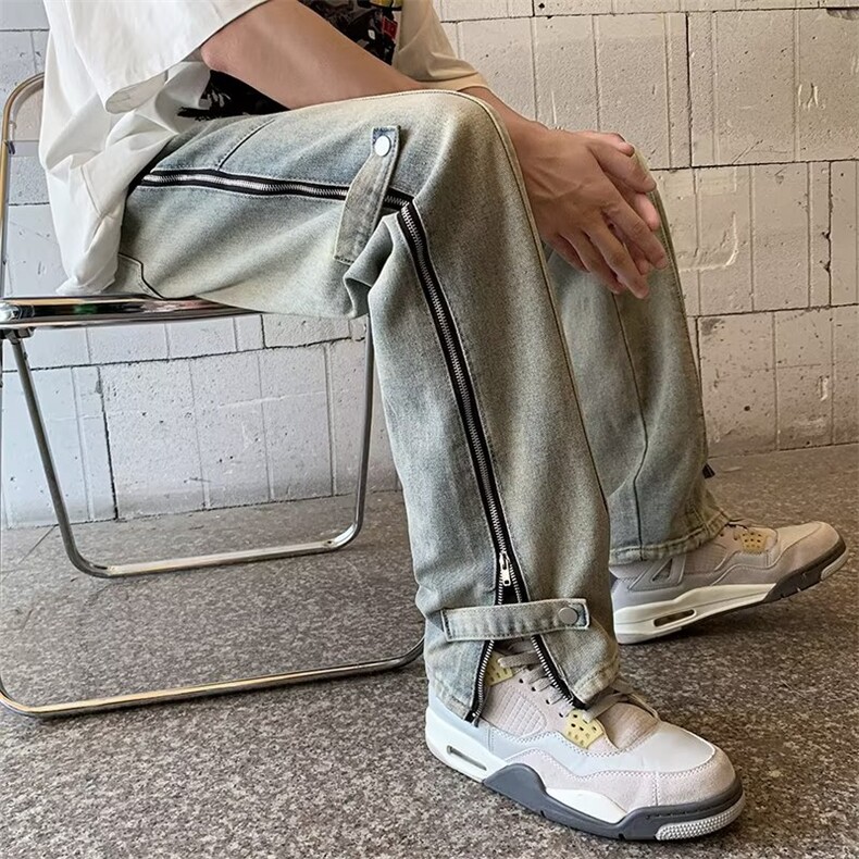 做旧水洗侧开拉链微喇叭牛仔裤男直筒显瘦潮牌嘻哈长裤NC149-P52图片