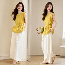 巨好看时尚套装女2025夏季新款气质收腰显瘦短袖衬衫阔腿裤两件套，女装套装/套裙，央宝儿