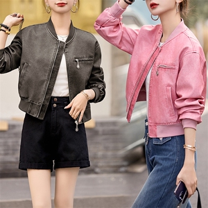 现货时髦做旧复古PU皮衣夹克外套女小个子2024新款短款立领机车服图片