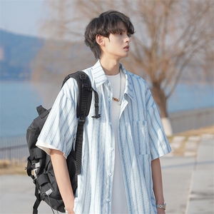 日系cityboy条纹短袖衬衫男款夏季户外潮流学院风宽松休闲衬衣服图片