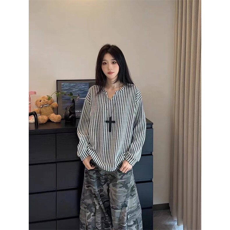 美式高街千鸟格子长袖T恤男女亨利V领英伦雅痞休闲宽松长袖打底衫，男装T恤，电商A486