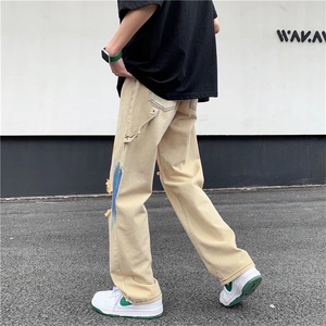 ins港风涂鸦破洞牛仔裤男韩版潮流学生潮牌宽松直筒裤子NH902-P52