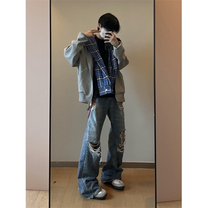 【有货】假两件格子拼接卫衣男款设计感连帽开衫外套JL97LL-特P68