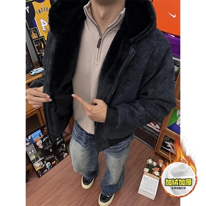 现货高品质美式冬季重磅座山雕大毛毛领pu皮棉衣男女加厚外套图片
