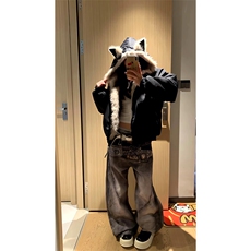 现货重磅硬挺boxy羽绒棉衣座山雕猫耳大毛毛领麂皮棉服冬外套，男装棉衣，电商A443