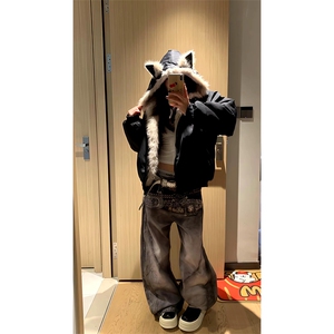 现货重磅硬挺boxy羽绒棉衣座山雕猫耳大毛毛领麂皮棉服冬外套图片