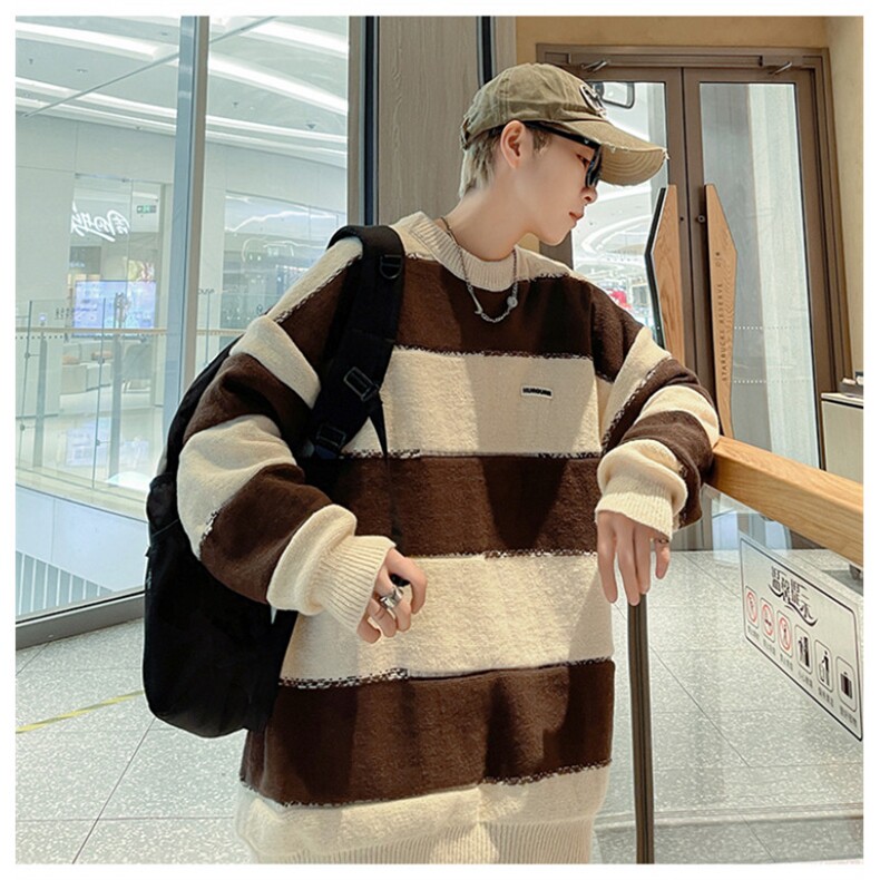 B143-P452024新款冬季圆领针织衫外套男套头慵懒条纹拼接毛衣,男装针织衫/毛衣,星座512-6
