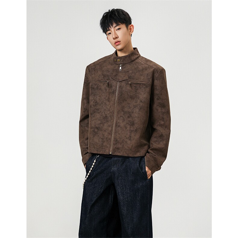JK9922-P75控128秋季老钱风短款宽松夹克外套男潮牌扎染垫肩皮衣,男装夹克,电商A058-1（原电商C417）