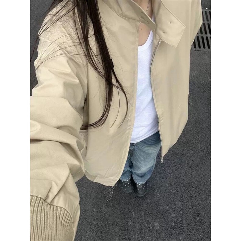 复古立领棒球服外套女款春秋新款宽松休闲卡其色夹克HH717P54,男装夹克,星座1013-5