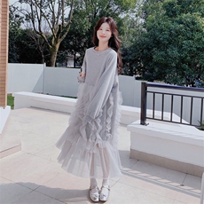 设计感网纱拼接灰色连衣裙女2025春季新款芭蕾风宽松减龄卫衣裙子，女装连衣裙，2C137