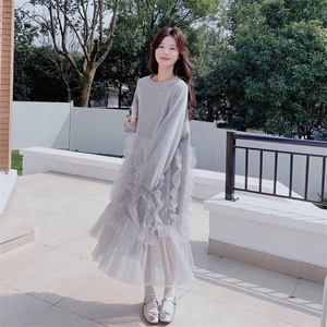 设计感网纱拼接灰色连衣裙女2025春季新款芭蕾风宽松减龄卫衣裙子图片
