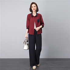 2025年秋季时尚撞色纯棉衬衫+天丝亚麻裤文艺优雅套装，女装套装/套裙，依恋蒂丝