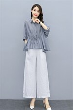 时尚衬衣套装女夏2025新款夏装韩版宽松显瘦气质棉麻两件套阔腿裤，女装套装/套裙，水衣源