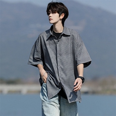 8XL-M短袖衬衫男夏宽松慵懒风痞帅条纹格子衫半袖外套DC28005P40，男装衬衫，电商B312