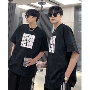日系水洗美式复古T恤蜡染落肩宽松休闲圆领短袖男士夏季 T708-P30图片