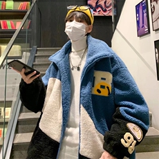 现货秋冬季加厚羊羔绒外套男拼色棉袄港风宽松潮流棉服W2370-P52，男装棉衣，星座512-2