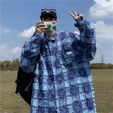 格子衬衫男潮牌慵懒风小香风百搭衬衣情侣薄款宽松外套S1373-p50，男装衬衫，星座1008