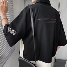 夏季港风男士拼接短袖衬衫宽松休闲百搭衬衣外套，男装衬衫，星座1013