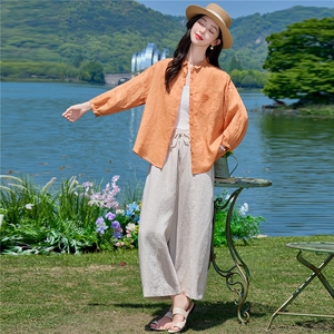 棉麻长袖套装女2026年夏季新款吸汗透气亮色翻领上衣直筒气球裤图片