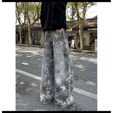 特大码高腰直筒学生牛仔裤女2025新款迷彩工装裤休闲宽松阔腿长裤，男装牛仔裤，四季星座505