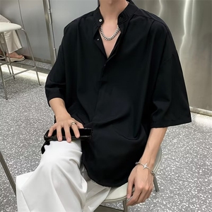 衬衫男短袖立领高级感垂感灰色冰丝衬衣七分袖CS300P35
