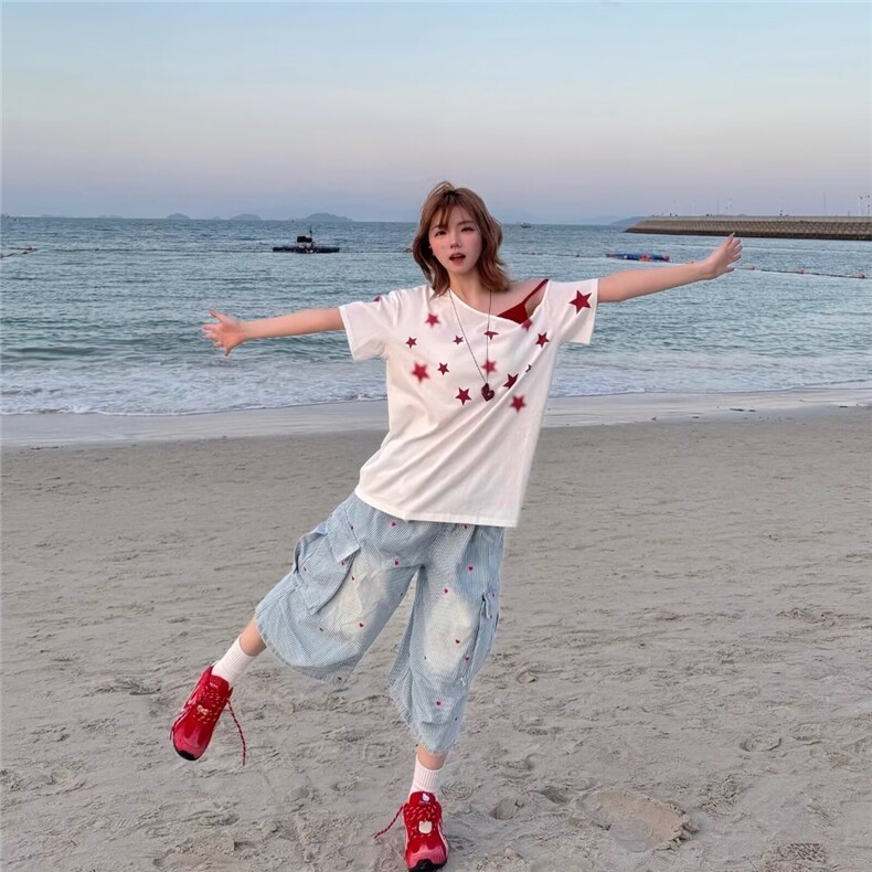 爱心条纹七分裤女外穿设计感街头褶皱多口袋宽松小众工装牛仔短裤，男装牛仔裤，星座506A