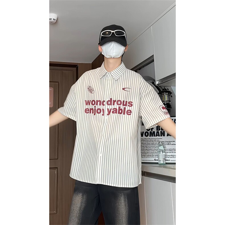 夏季新款短袖衬条纹衫拼色设计感休闲个性衬衣DC2236-特价P40,男装T恤,电商A007