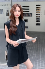 灰色高级感休闲套装女2025夏季新款网纱拼接西装马甲阔腿裤两件套，女装套装/套裙，2C256